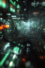 Futuristic scene with dark, blurred circuits and dim holographic displays, creating a powerful sense of sadness and isolation