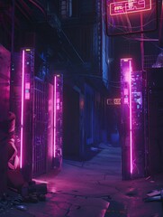 Neon-infused cyberpunk security gate with digital barriers and scanning lasers in a dark alley