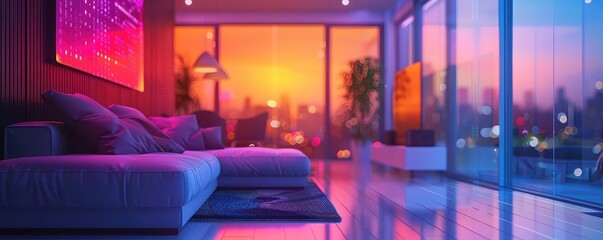 AI assistant in a smart home, holographic interface, modern interior, vibrant colors, advanced technology, high resolution