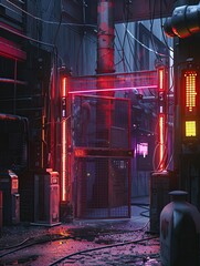 Neon-infused cyberpunk security gate with digital barriers and scanning lasers in a dark alley