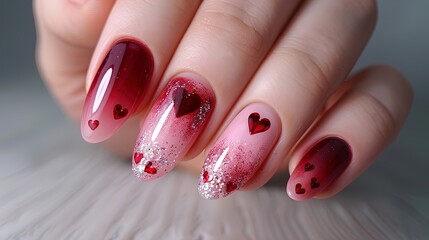 Hand with pink and red Valentine's Day-themed manicure featuring heart designs and glitter. Close-up studio photography. Love and holiday celebration concept for design and print.