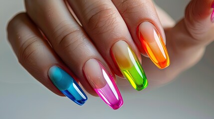 Hand with colorful rainbow-themed manicure. Close-up studio photography. Beauty and personal care concept for design and print.