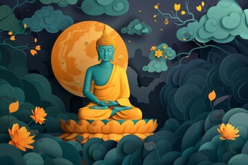 Illustration of Buddha meditating for Vesak Day Greeting card , Vesak Day Background Wallpaper