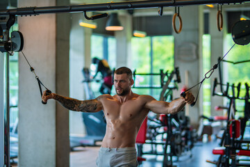 Muscular man doing workout with dumbbells in gym. Handsome man with big muscles posing in the gym....