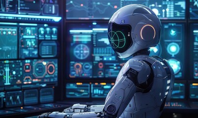 AIpowered robot in a lab, analyzing data, holographic screens, hightech environment, futuristic design, detailed illustration