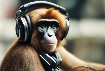 music listens monkey illustration animal vector cartoon character design background art earphones funny graphic cute head ape chimpanzee face black wild mascot primate fashion icon fun