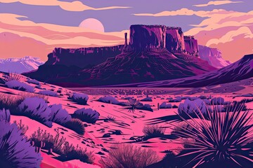 Pink and purple desert mountain illustration in graphic form