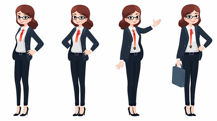 Set of businesswoman character vector design. Presentation in various action with emotions, running, standing and walking. People working in office planning, thinking and economic analysis
