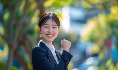 拳を握りやる気を見せるキャリアウーマン