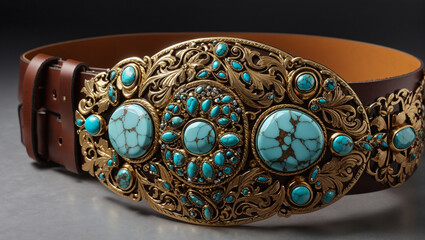 This is a turquoise and gold colored belt with an ornate buckle.

