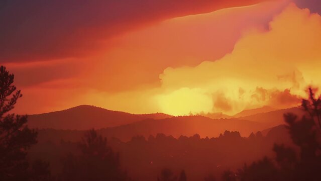 A hazy orangetinged sky featuring pyrocumulus clouds formed by nearby wildfires.