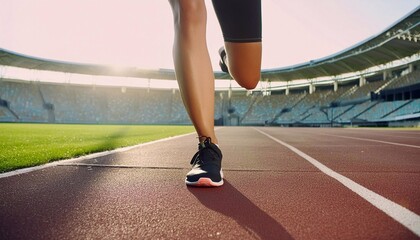 Fototapeta premium Sports background. Runner feet running on track closeup on shoe.