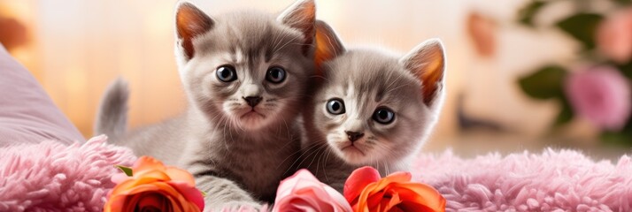 Fototapeta premium St. Valentine's Day greeting card or wide banner with cute and adorable kittens lying on sofa with flowers decorative elements.