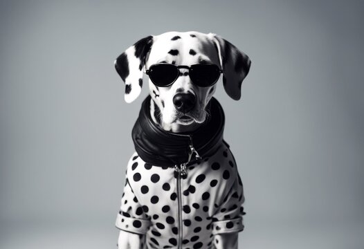 with black space rocker dog dressed dalmatian jacket background sits sunglasses dog copy white dark ool biker dog
