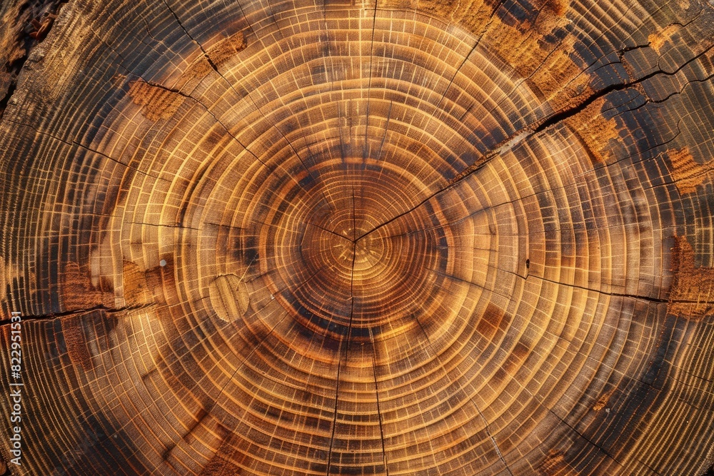 Wall mural wood stump background. round felled tree with annual rings as wood texture - generative ai