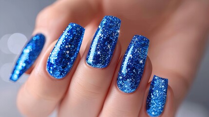 Hand with blue glitter manicure. Close-up studio photography. Beauty and personal care concept for design and print.