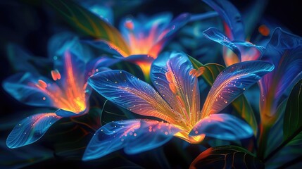 Obraz premium Bioluminescent plants, glowing in the dark, advanced biotechnology, vibrant colors, futuristic design, high resolution