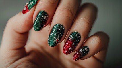 Hand with festive red and green Christmas-themed manicure featuring snowflake designs. Close-up studio photography. Holiday and winter season concept for design and print.