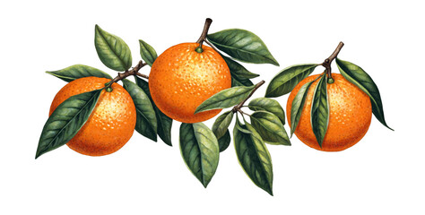illustration of orange with branches and leaves on white background
