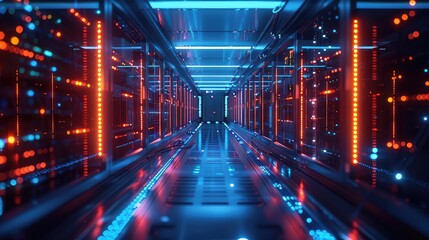 Blockchain data center, rows of servers, glowing blue lights, secure network, advanced technology, high resolution