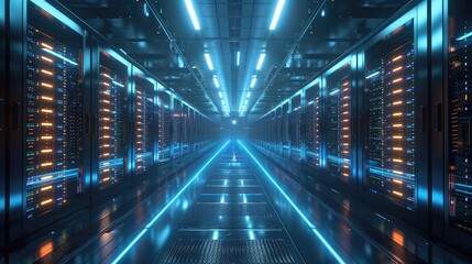 Blockchain data center, rows of servers, glowing blue lights, secure network, advanced technology, high resolution