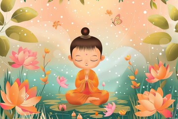 Illustration of Buddha praying for Vesak Day Greeting card , Vesak Day Background Wallpaper