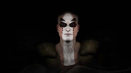 A steampunk warrior, adorned with striking face makeup, emerges from the darkness, commanding attention and intrigue, 3D rendering, black background