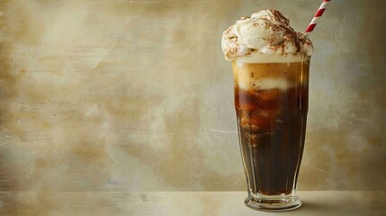 A vintage-style photograph of a root beer float. A tall glass filled with creamy vanilla ice cream, creating a foamy head. A red and white striped straw rests on the rim of the glass