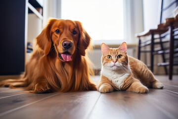 Dog and cat laying on the floor together,.