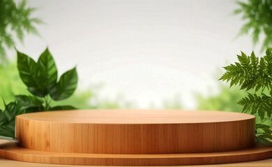 display your  products with wood table top on bokeh abstract green background