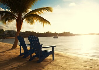 relaxation on the beach, beach with palm trees, sea, horizon, sunsets.