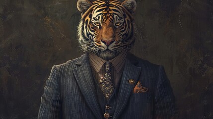 Tiger wearing a textured suit and tie with a flower lapel pin. Studio portrait on a dark background. Strength and elegance concept for design and print