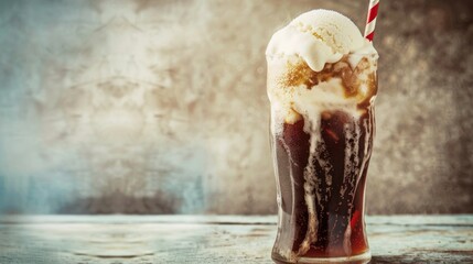 A vintage-style photograph of a root beer float. A tall glass filled with creamy vanilla ice cream, creating a foamy head. A red and white striped straw rests on the rim of the glass