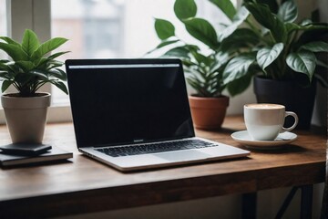Fototapeta premium Cozy home office with a laptop, coffee cup, and plant with natural light and relaxed feeling.
