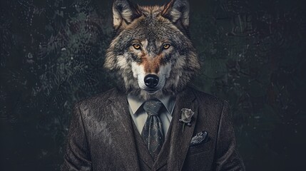 Wolf wearing a textured suit and tie with a flower lapel pin. Studio portrait on a dark background. Strength and leadership concept for design and print