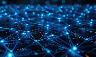 Obraz premium Cybersecurity network, interconnected nodes and lines, glowing blue, data protection, futuristic design, photorealistic