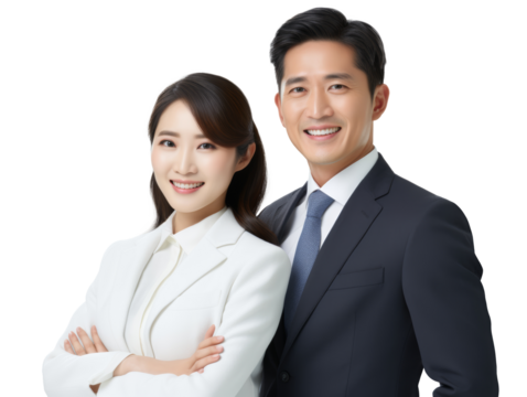 partnership in business. Young man and woman asian businessman in suit isolated on transparent background