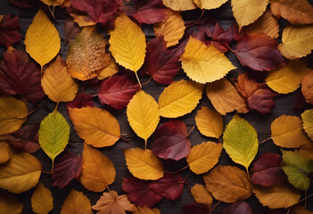 A collection of colorful autumn leaves in shades of yellow, orange, and red, arranged on a dark surface.