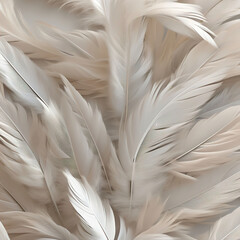 Closeup, white and feathers background for peace, calm and spirituality for God, religion and hope. Ai generated, feather and bird plumage for creative banner, texture or detail space for angel faith