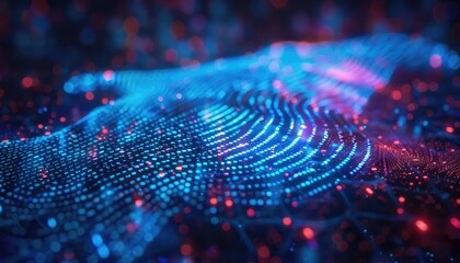 Digital fingerprint scanning, holographic interface, identity verification, blue neon lights, hightech design, detailed illustration