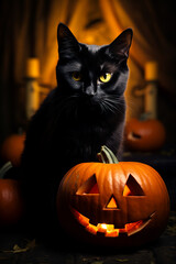 Black cat sitting next to pumpkin with carved jack o lantern.