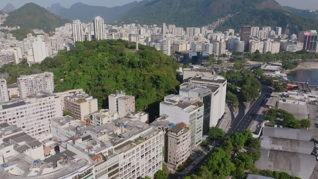 Aerial footage in Botafogo in Rio de Janeiro Brazil panning up to reveal the Monumento Memorial &agrave;s V&iacute;timas do Holocausto.
