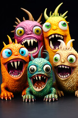 Group of monster figurines with their mouths open.