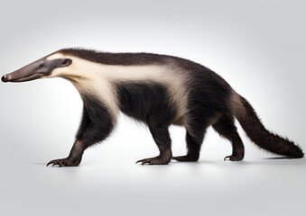 Fototapeta premium A Giant Anteater (Myrmecophaga tridactyla) isolated on a white background with a clipping path included. The zoo animal, characterized by its long tail and elongated nose, is walking while facing side