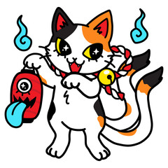 Adorable Calico Cat with Bell and Monster Lantern Illustration