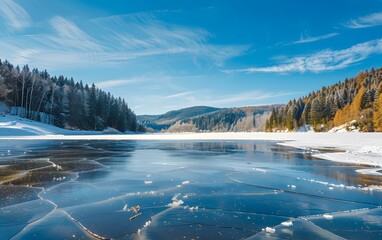 Winter Landscape with Frozen Lake and Snowy Forest in Carpathians