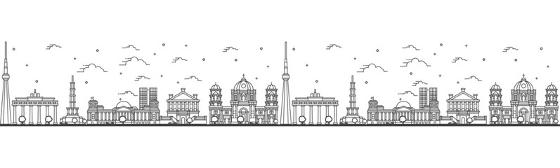 Seamless pattern with outline Berlin Germany City Skyline. Historical Buildings Isolated on White. Berlin Cityscape with Landmarks.