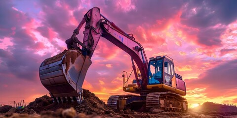 Excavator at Sunset on Construction Site with Bucket Ready for More Digging. Concept Construction Equipment, Excavator, Sunset Photography, Digging Machinery, Construction Site