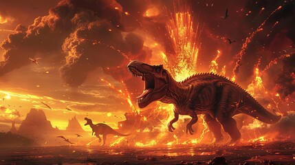 A volcanic eruption in the Mesozoic era, with dinosaurs fleeing from the lava, © Nawarit