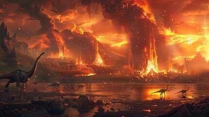 A volcanic eruption in the Mesozoic era, with dinosaurs fleeing from the lava, © Nawarit